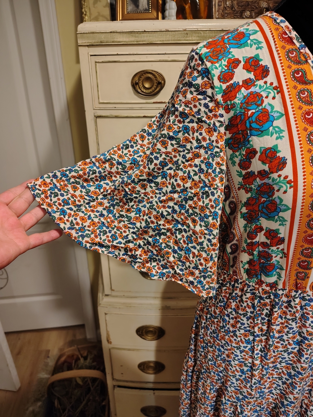 Printed Bohemian V-Neck Maxi Dress in Orange, Red, Blue and Teal - Picture 4 of 16